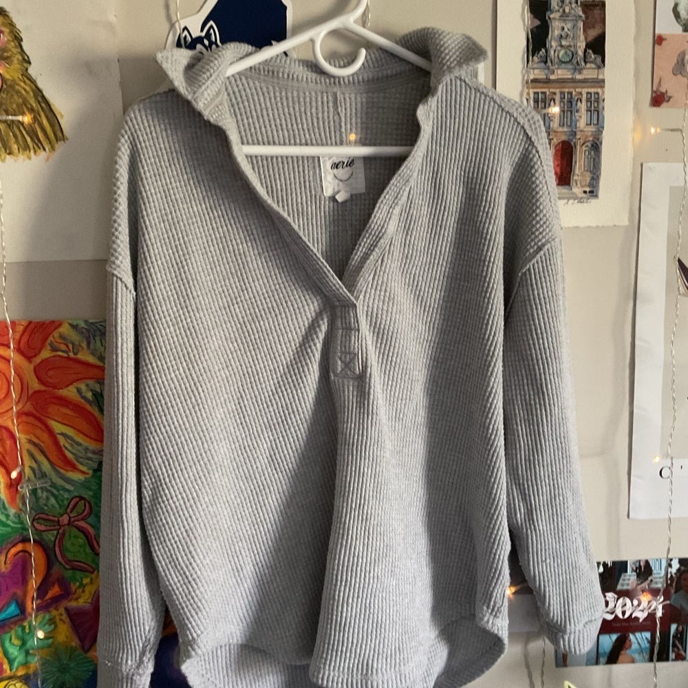 Aerie Gray waffle knit deep V oversized long sleeve